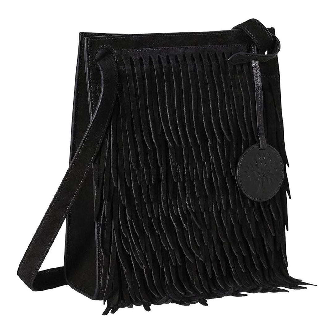 Mulberry Mini Soft Tote in black suede with layered fringing, adjustable shoulder strap and a Tree charm - packshot