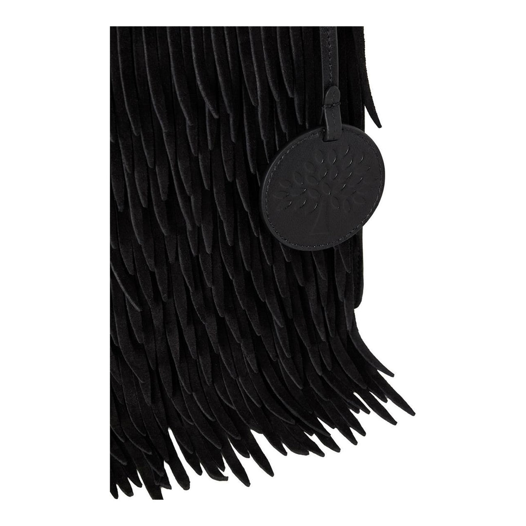Mulberry Mini Soft Tote in black suede with layered fringing, adjustable shoulder strap and a Tree charm - packshot