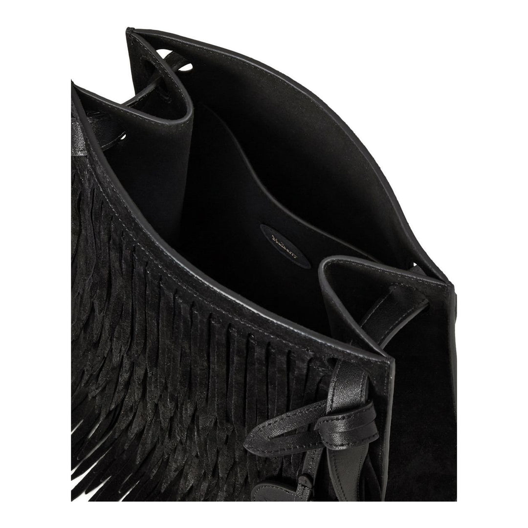 Mulberry Mini Soft Tote in black suede with layered fringing, adjustable shoulder strap and a Tree charm - packshot