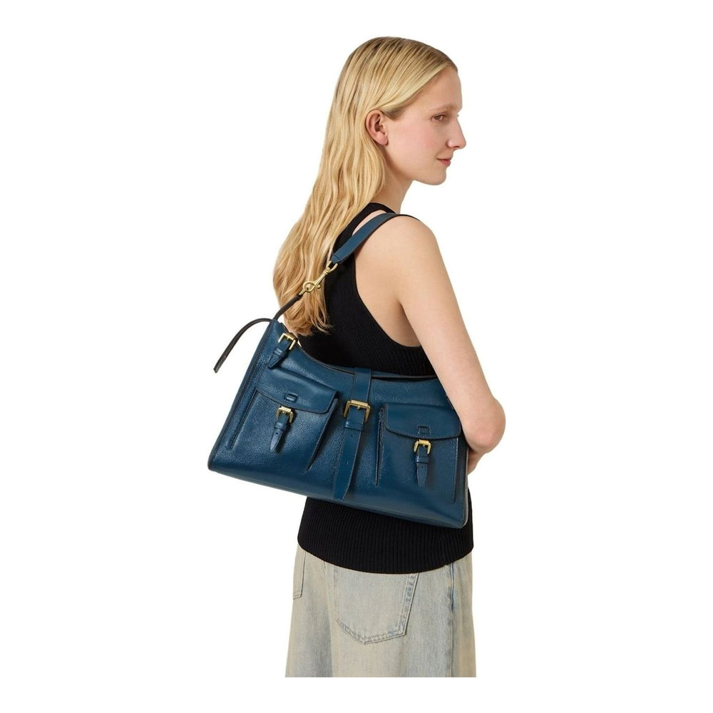 Mulberry Roxanne Medium Shoulder Bag in ivory pebbled leather with antique gold-tone hardware, dual front buckle pockets, and adjustable single shoulder strap - packshot
