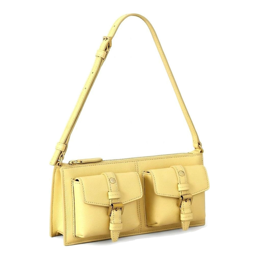 Mulberry Roxanne mini shoulder bag in pale yellow leather with two buckled front pockets, top zip and adjustable strap - packshot