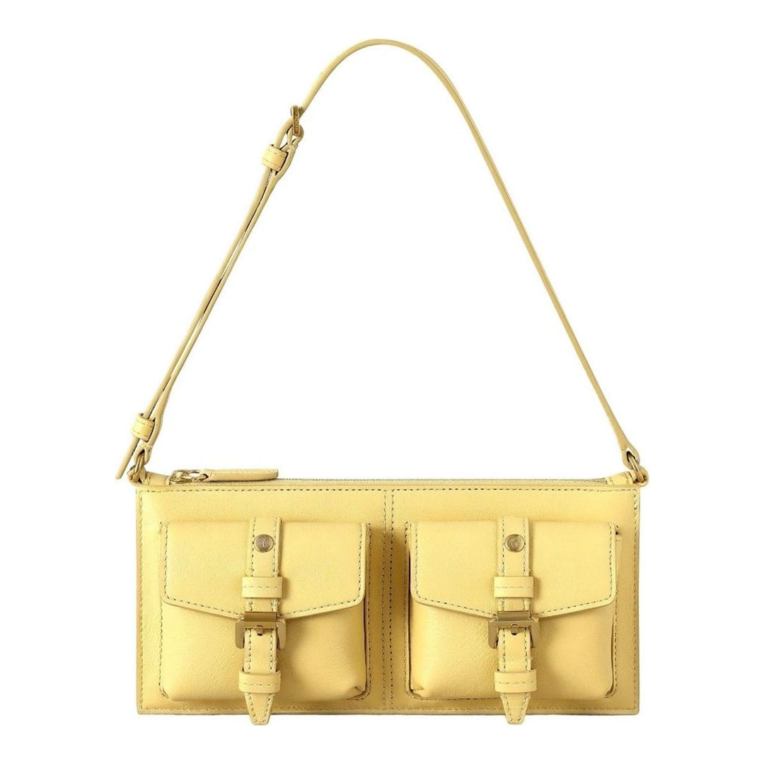 Mulberry Roxanne mini shoulder bag in pale yellow leather with two buckled front pockets, top zip and adjustable strap - packshot