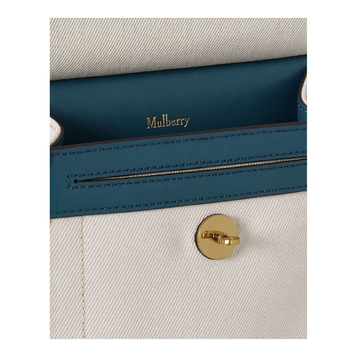 Mulberry Small Antony crossbody bag in natural twill canvas with teal leather trim, brass twist lock and adjustable leather strap - packshot