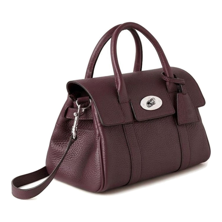 Mulberry Small Bayswater Satchel in deep burgundy pebbled leather with silver postman's lock closure, dual top handles and detachable shoulder strap - packshot