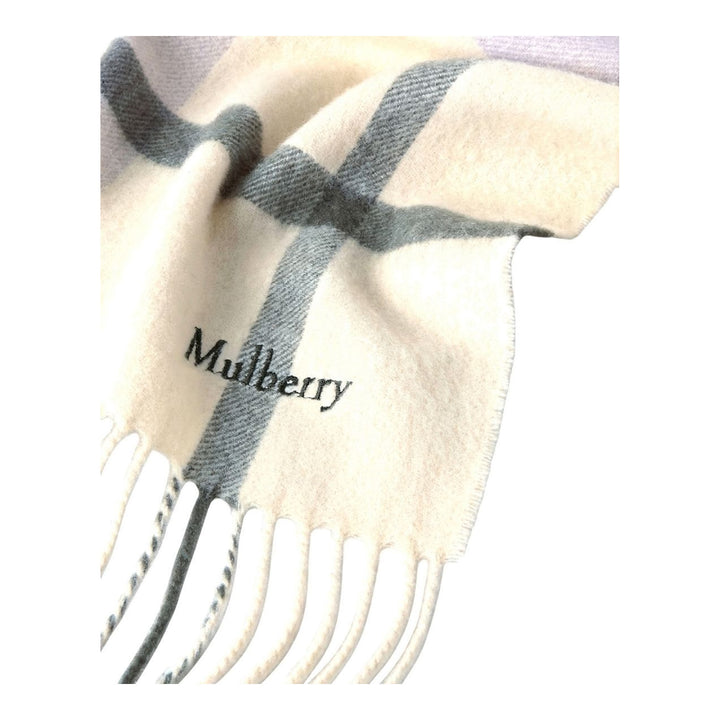 Mulberry Small Check Merino Wool Scarf in navy, red, black, and white plaid with knotted fringe trim and embroidered Mulberry branding - packshot