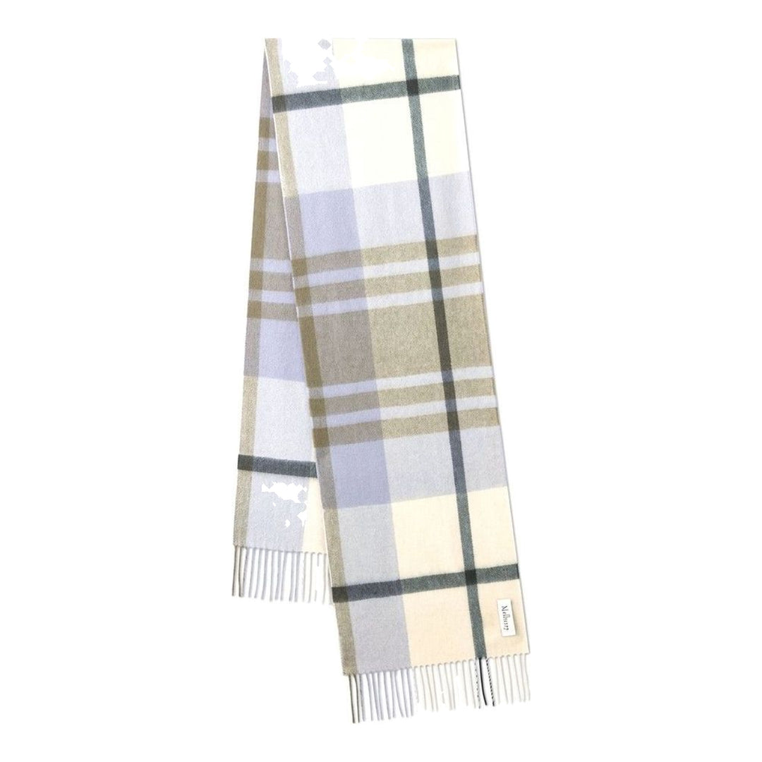 Mulberry Small Check Merino Wool Scarf in navy, red, black, and white plaid with knotted fringe trim and embroidered Mulberry branding - packshot
