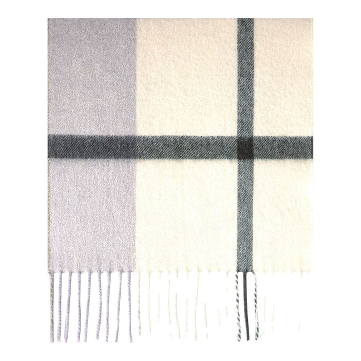 Mulberry Small Check Merino Wool Scarf in navy, red, black, and white plaid with knotted fringe trim and embroidered Mulberry branding - packshot