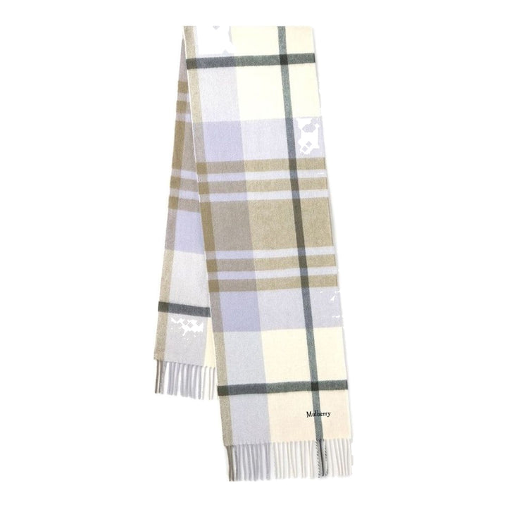 Mulberry Small Check Merino Wool Scarf in navy, red, black, and white plaid with knotted fringe trim and embroidered Mulberry branding - packshot