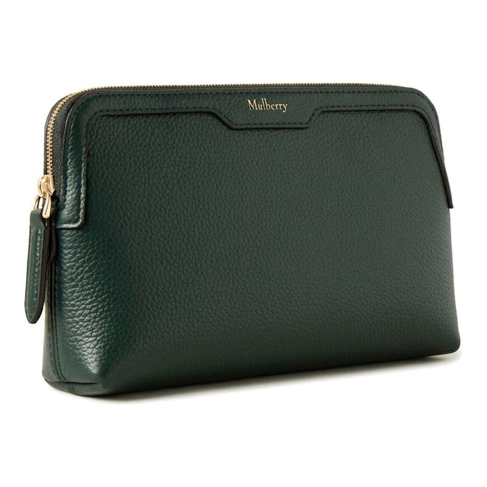 Mulberry Small Cosmetic Pouch in dark forest green pebbled leather with gold-tone zip hardware and debossed Mulberry branding on the front panel - packshot