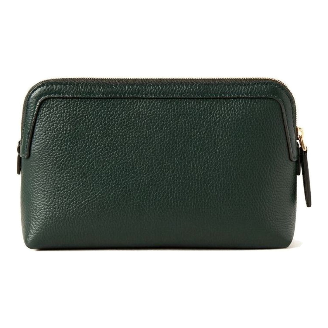 Mulberry Small Cosmetic Pouch in dark forest green pebbled leather with gold-tone zip hardware and debossed Mulberry branding on the front panel - packshot
