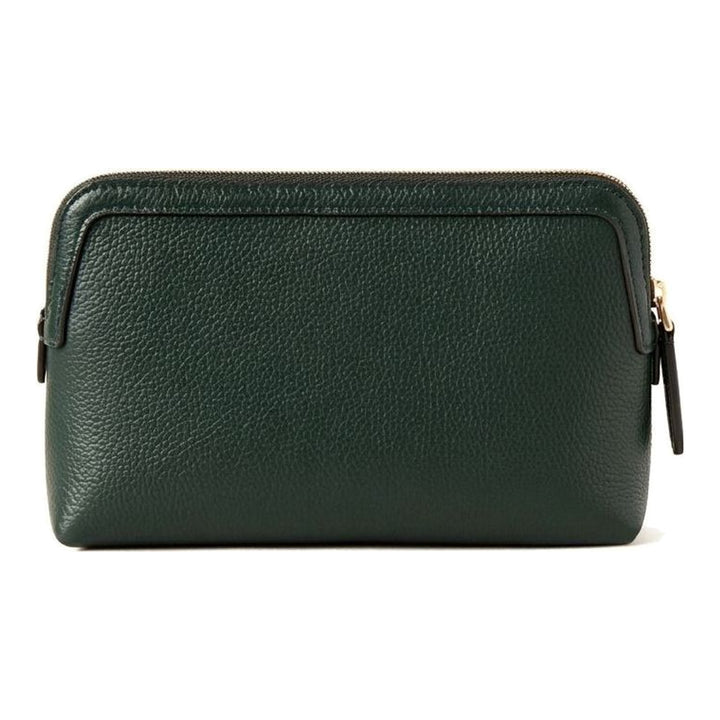 Mulberry Small Cosmetic Pouch in dark forest green pebbled leather with gold-tone zip hardware and debossed Mulberry branding on the front panel - packshot