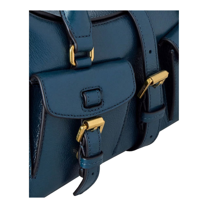 Mulberry Small Roxanne High Shine Leather Bag in teal blue with dual front buckle pockets, rolled top handles, and detachable crossbody strap with antique gold-tone hardware - packshot