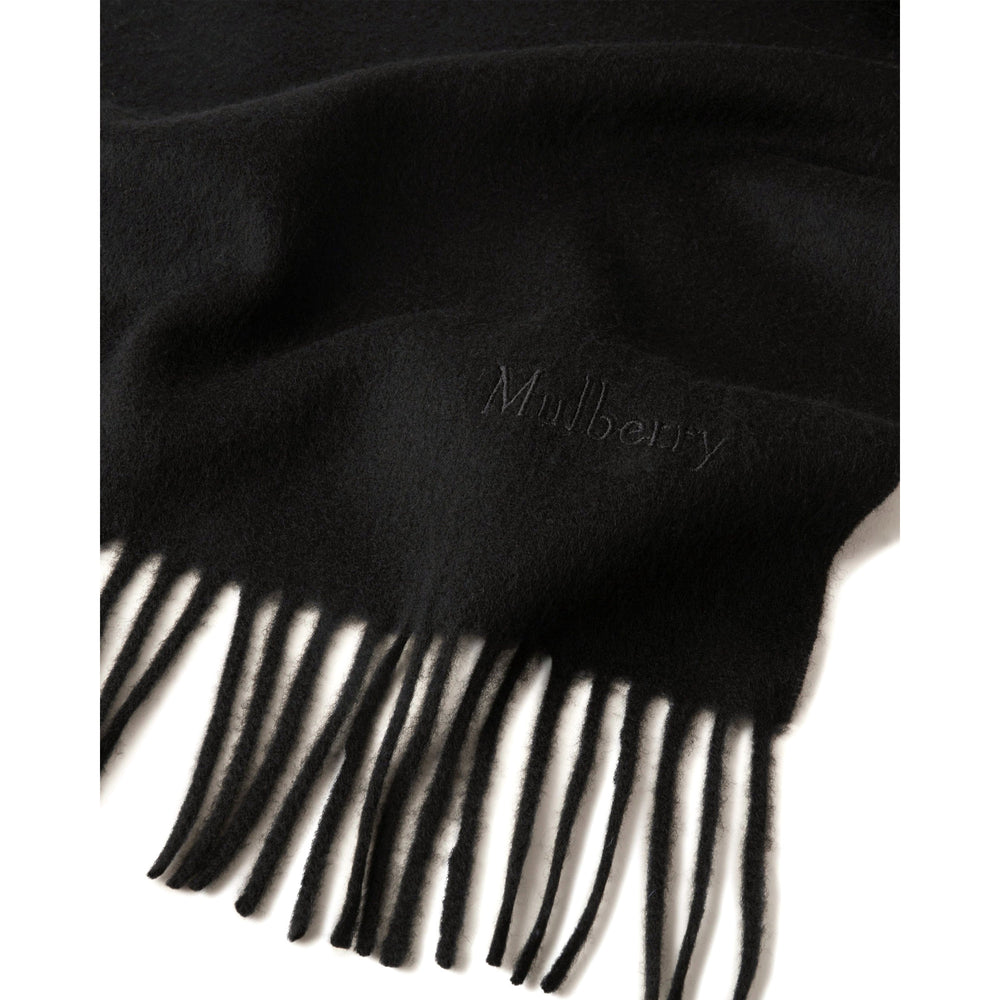 Mulberry Small Solid Merino Wool Scarf in tan with fringed ends and tonal embroidered branding, laid flat on a white background - packshot