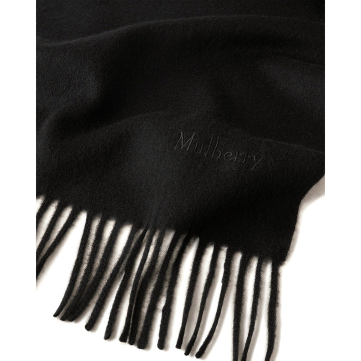 Mulberry Small Solid Merino Wool Scarf in tan with fringed ends and tonal embroidered branding, laid flat on a white background - packshot
