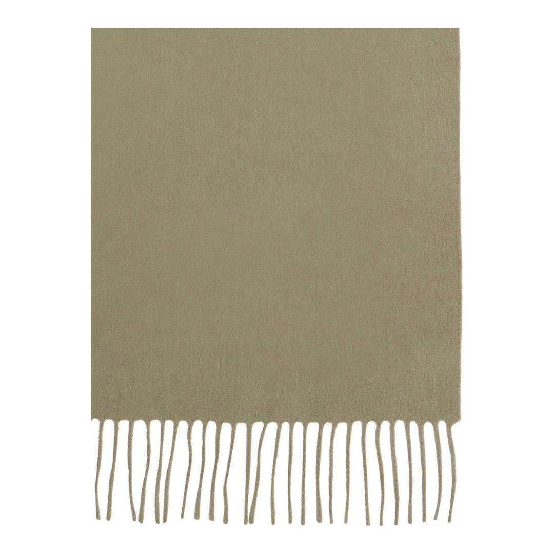 Mulberry Small Solid Merino Wool Scarf in tan with fringed ends and tonal embroidered branding, laid flat on a white background - packshot