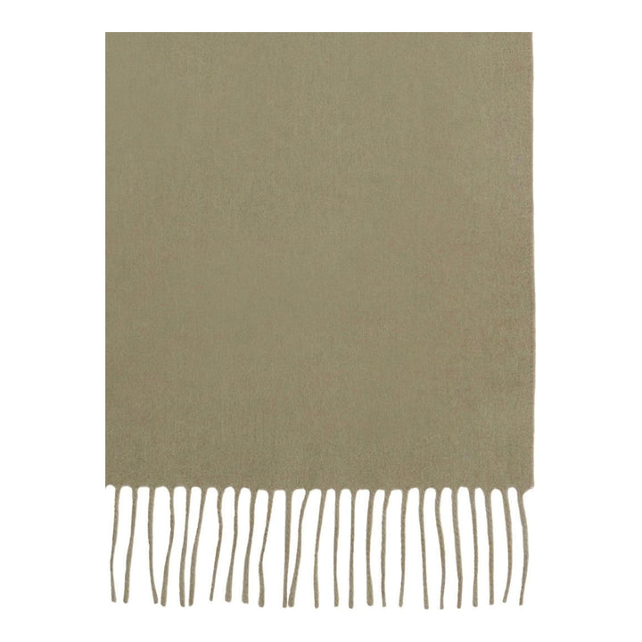 Mulberry Small Solid Merino Wool Scarf in tan with fringed ends and tonal embroidered branding, laid flat on a white background - packshot