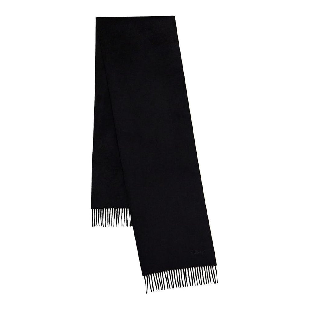 Mulberry Small Solid Merino Wool Scarf in tan with fringed ends and tonal embroidered branding, laid flat on a white background - packshot