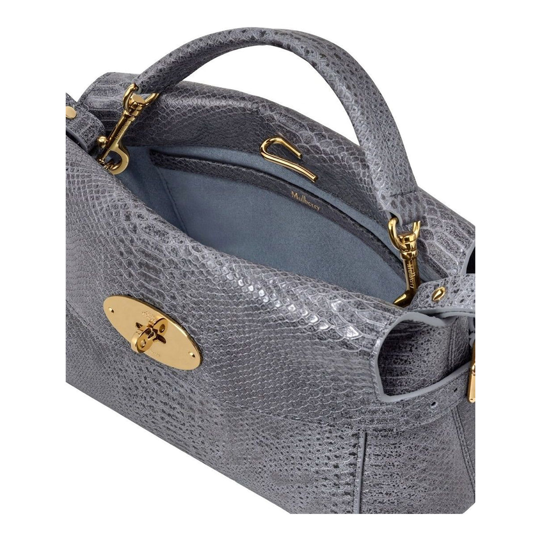 Mulberry Small Stevie top handle bag in grey snake-effect leather with gold-tone twist lock, rolled top handle and detachable crossbody strap - packshot