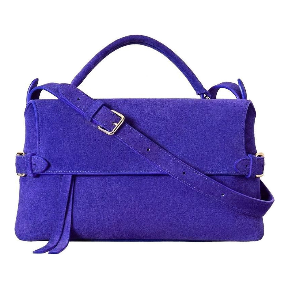 Mulberry Small Stevie top handle bag in violet-blue suede with brass postman's lock, rolled top handle and detachable crossbody strap - packshot