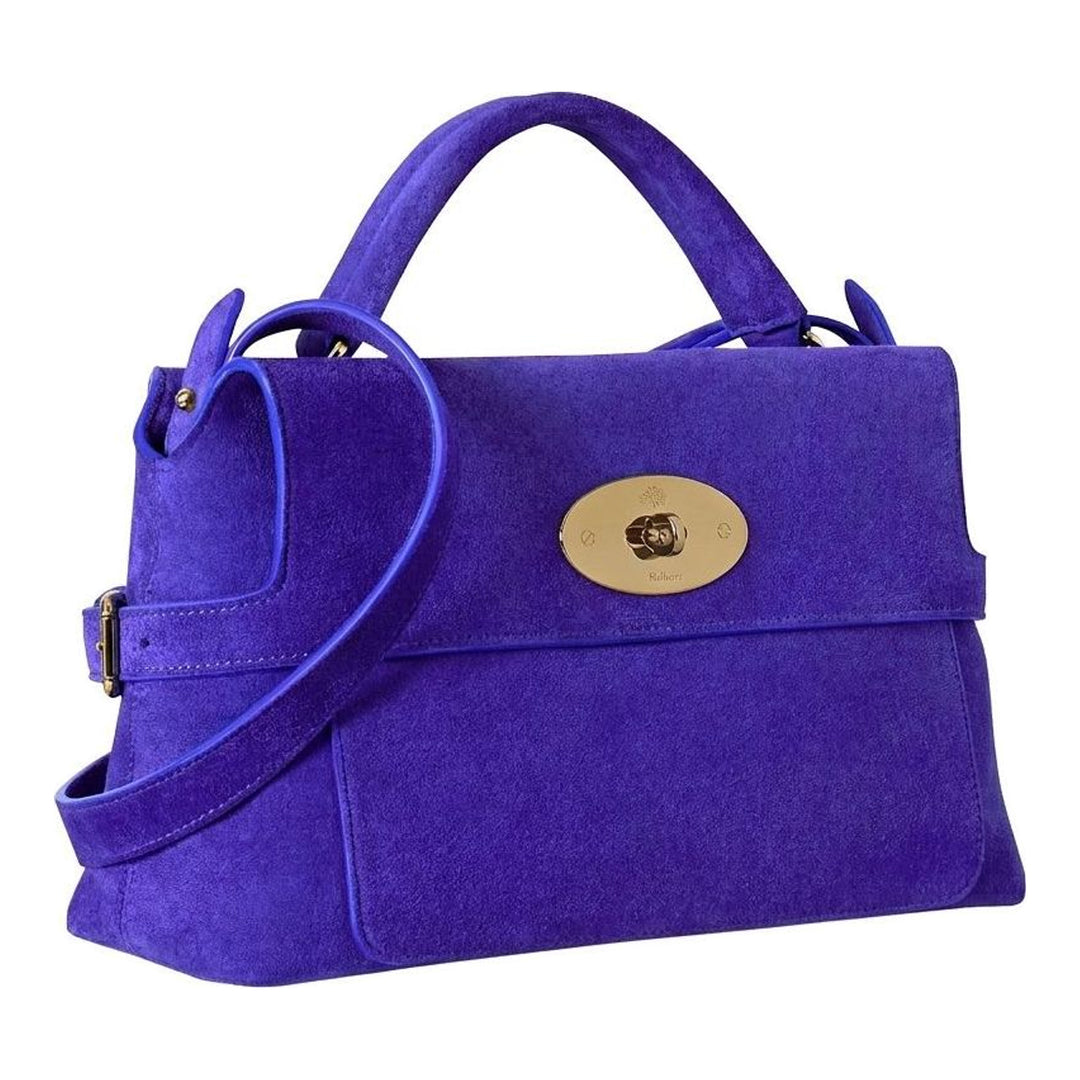 Mulberry Small Stevie top handle bag in violet-blue suede with brass postman's lock, rolled top handle and detachable crossbody strap - packshot