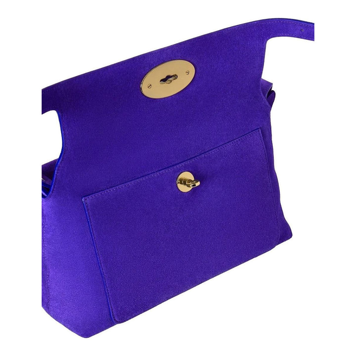 Mulberry Small Stevie top handle bag in violet-blue suede with brass postman's lock, rolled top handle and detachable crossbody strap - packshot