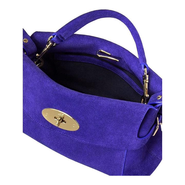 Mulberry Small Stevie top handle bag in violet-blue suede with brass postman's lock, rolled top handle and detachable crossbody strap - packshot