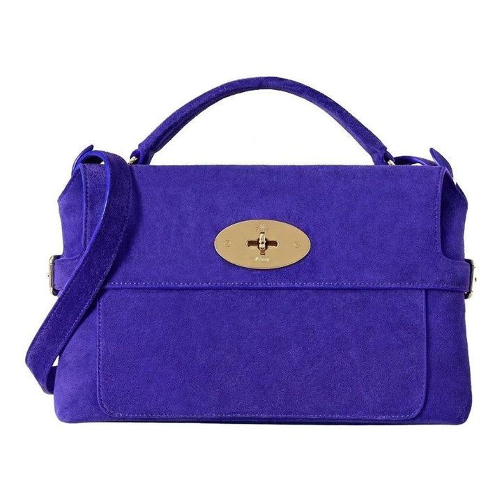Mulberry Small Stevie top handle bag in violet-blue suede with brass postman's lock, rolled top handle and detachable crossbody strap - packshot