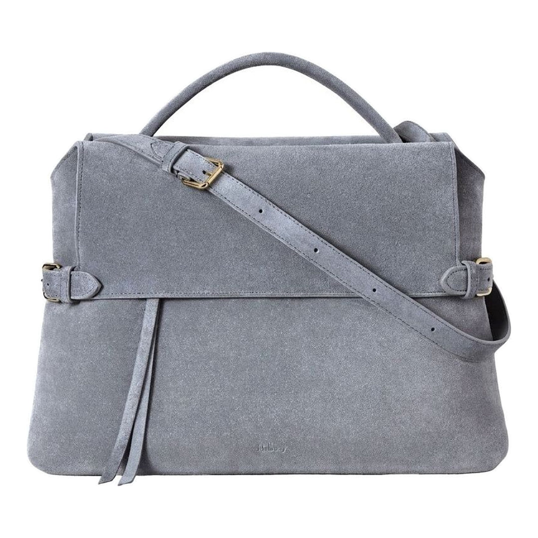 Mulberry Stevie top handle bag in grey suede with gold-tone oval postman's lock, side buckle straps and detachable crossbody strap - packshot