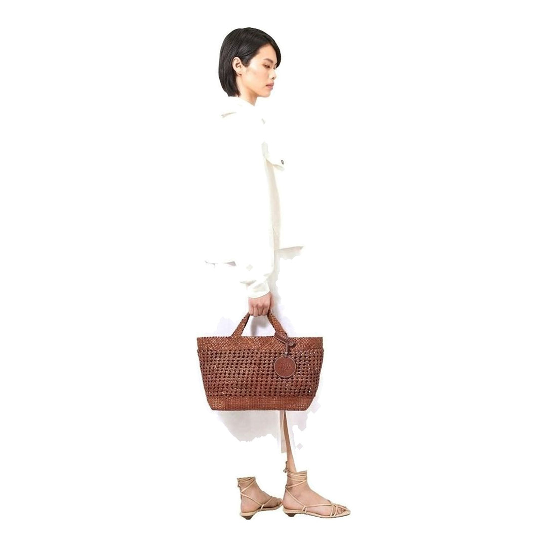 Mulberry Small Woven Leather Tote in tan, featuring an open lattice weave body, braided leather handles, and an embossed circular tree logo charm - packshot