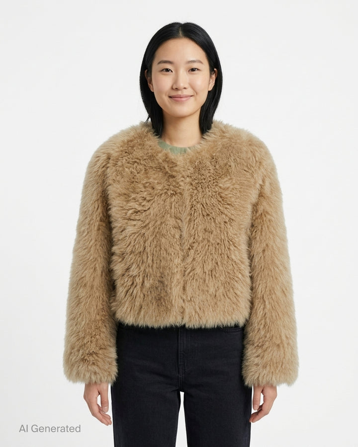 MuséeRA cropped faux fur jacket in camel with a collarless round neckline and plush textured pile - front