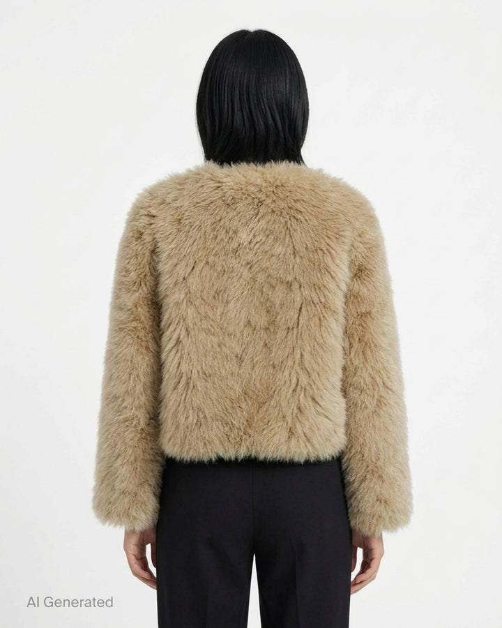 MuséeRA cropped faux fur jacket in camel with a collarless round neckline and plush textured pile - back
