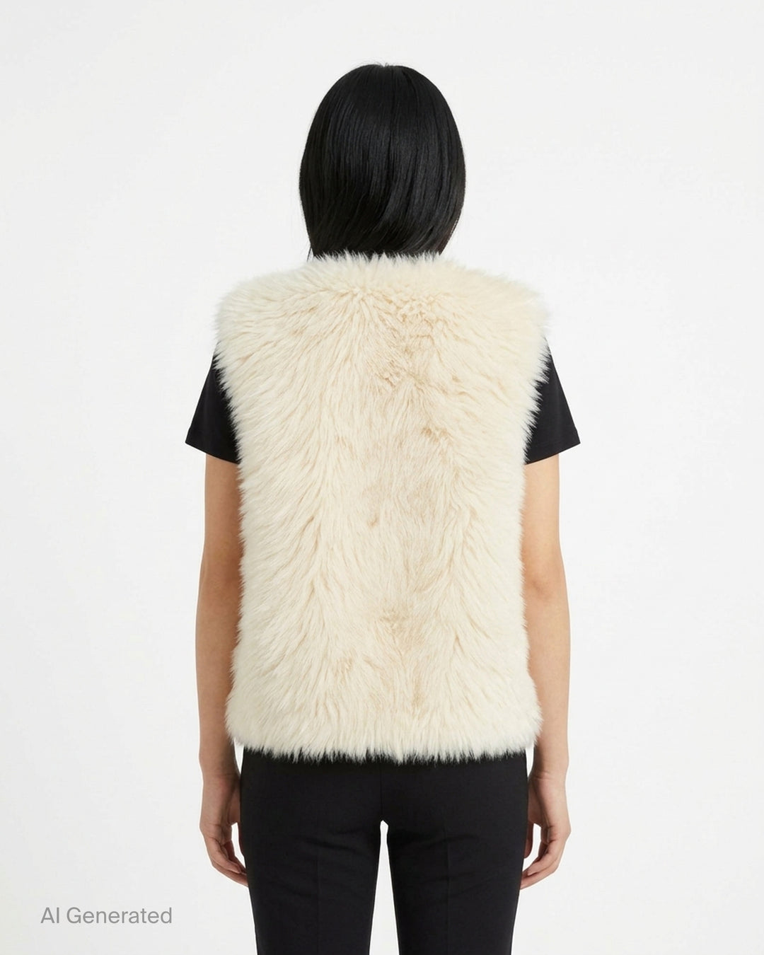 Musée RA cream fur vest with round neckline and centre zip fastening, shown flat against a white background - back