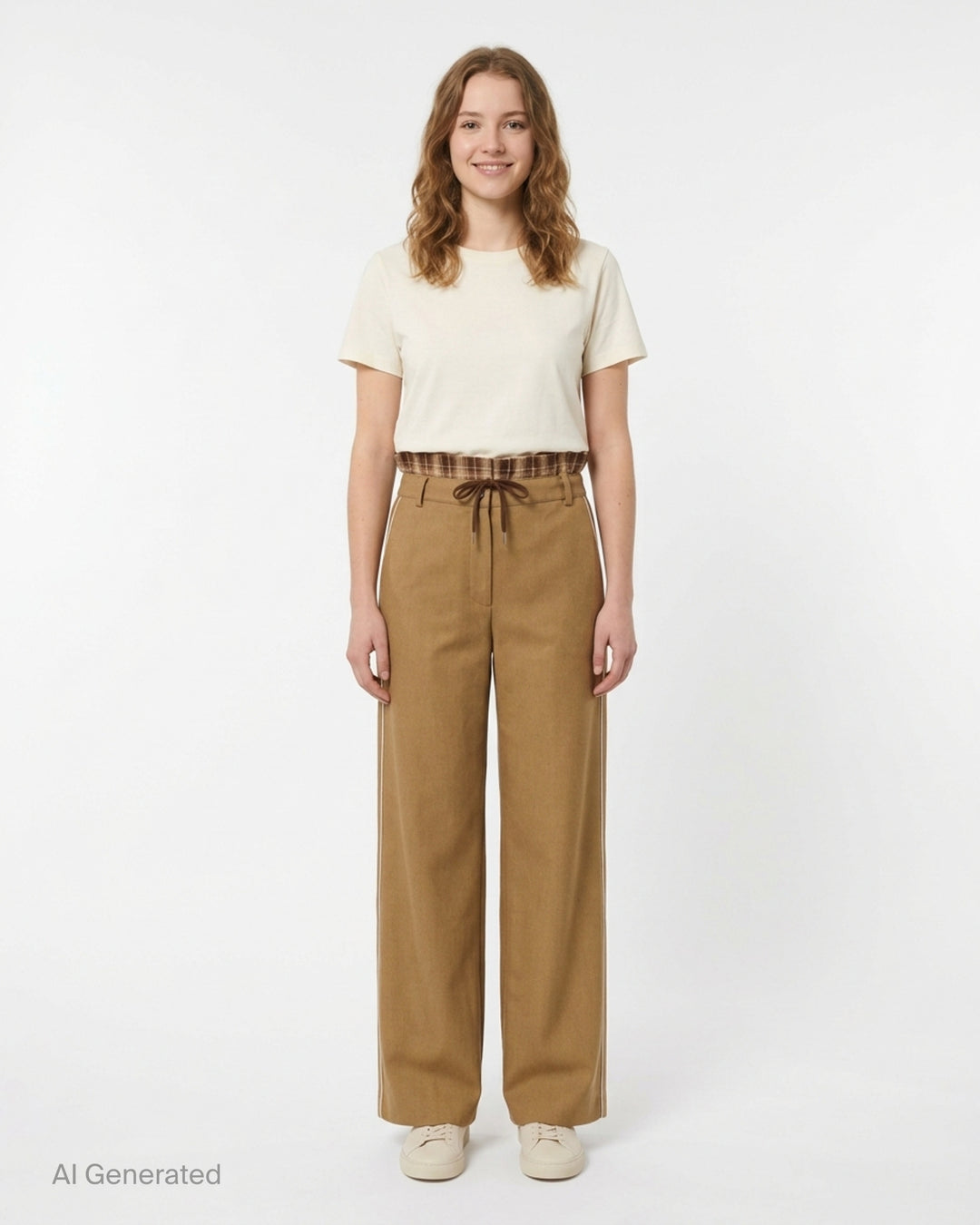 Musée RA camel straight-leg pants with a layered plaid waistband, brown drawstring tie and contrast side piping, shown from the front - front