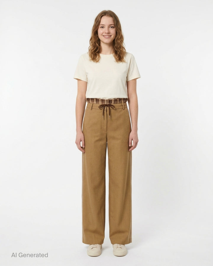 Musée RA camel straight-leg pants with a layered plaid waistband, brown drawstring tie and contrast side piping, shown from the front - front