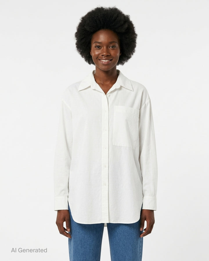 Musée RA white oversized shirt with pointed collar, button placket, chest pocket and open back tie detail, shown from the front - front