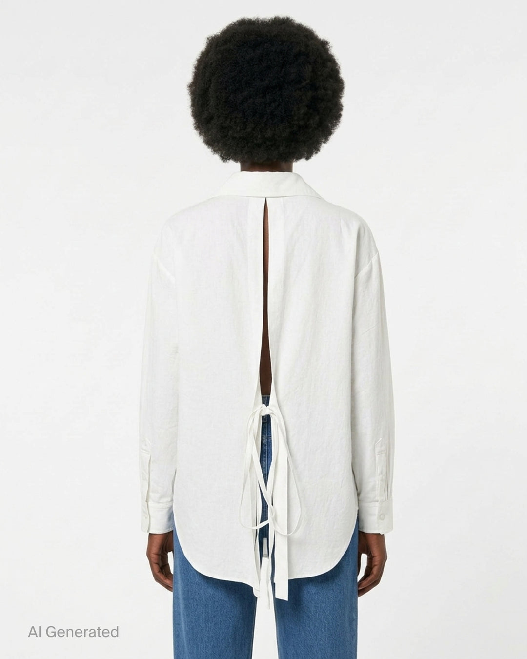Musée RA white oversized shirt with pointed collar, button placket, chest pocket and open back tie detail, shown from the front - back