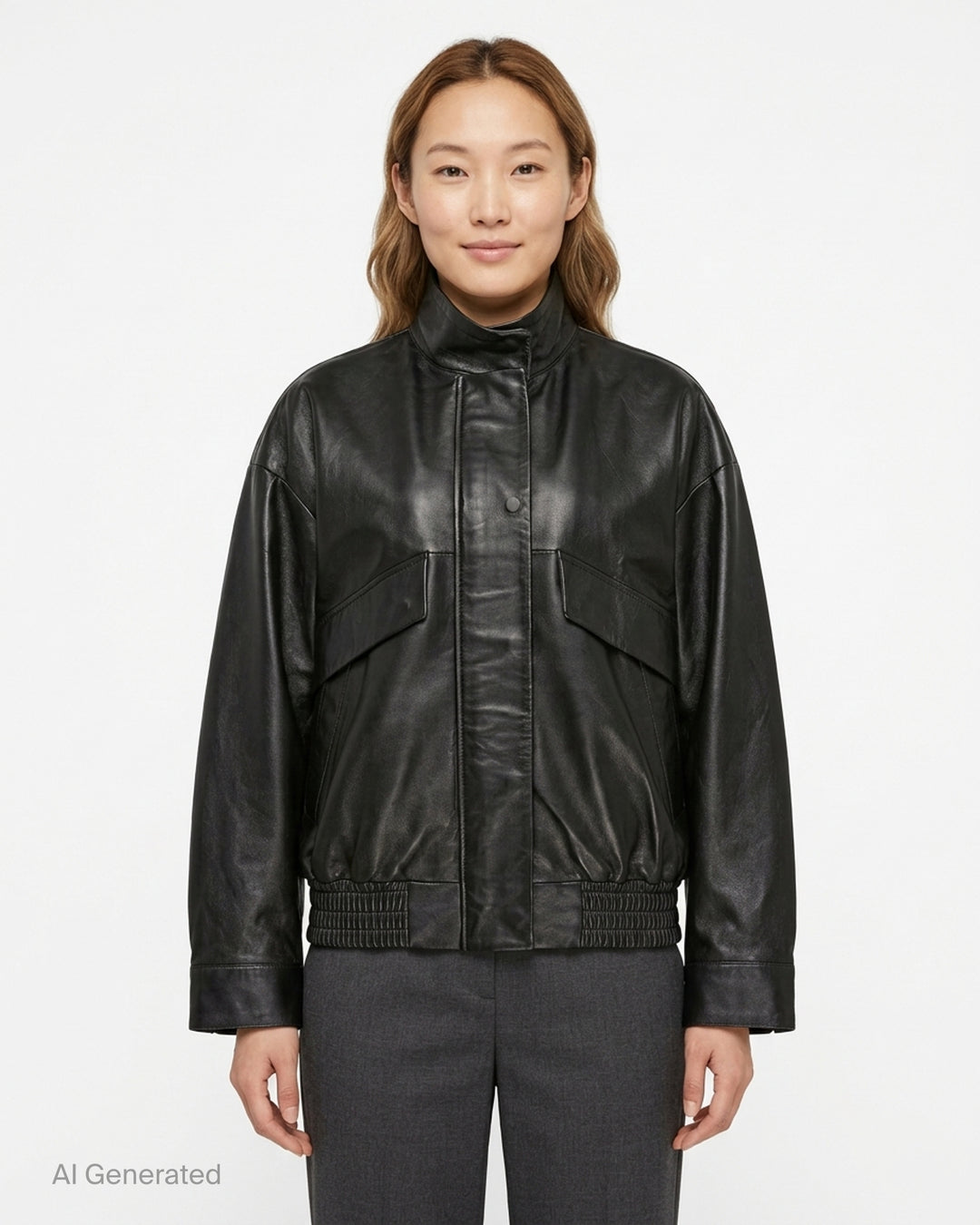 Musée RA oversized black leather bomber jacket with funnel collar, flap pockets and smocked elasticated hem, front view - front