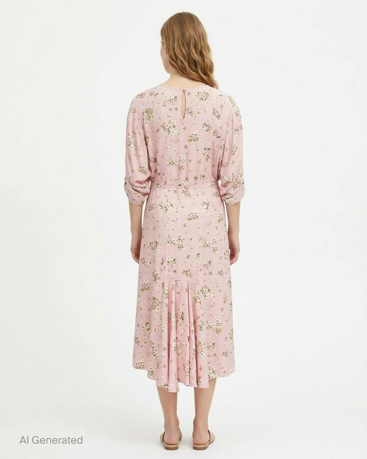N°21 blush pink floral print midi dress with 3/4 gathered sleeves, self-tie waist belt, and flowing A-line skirt - back