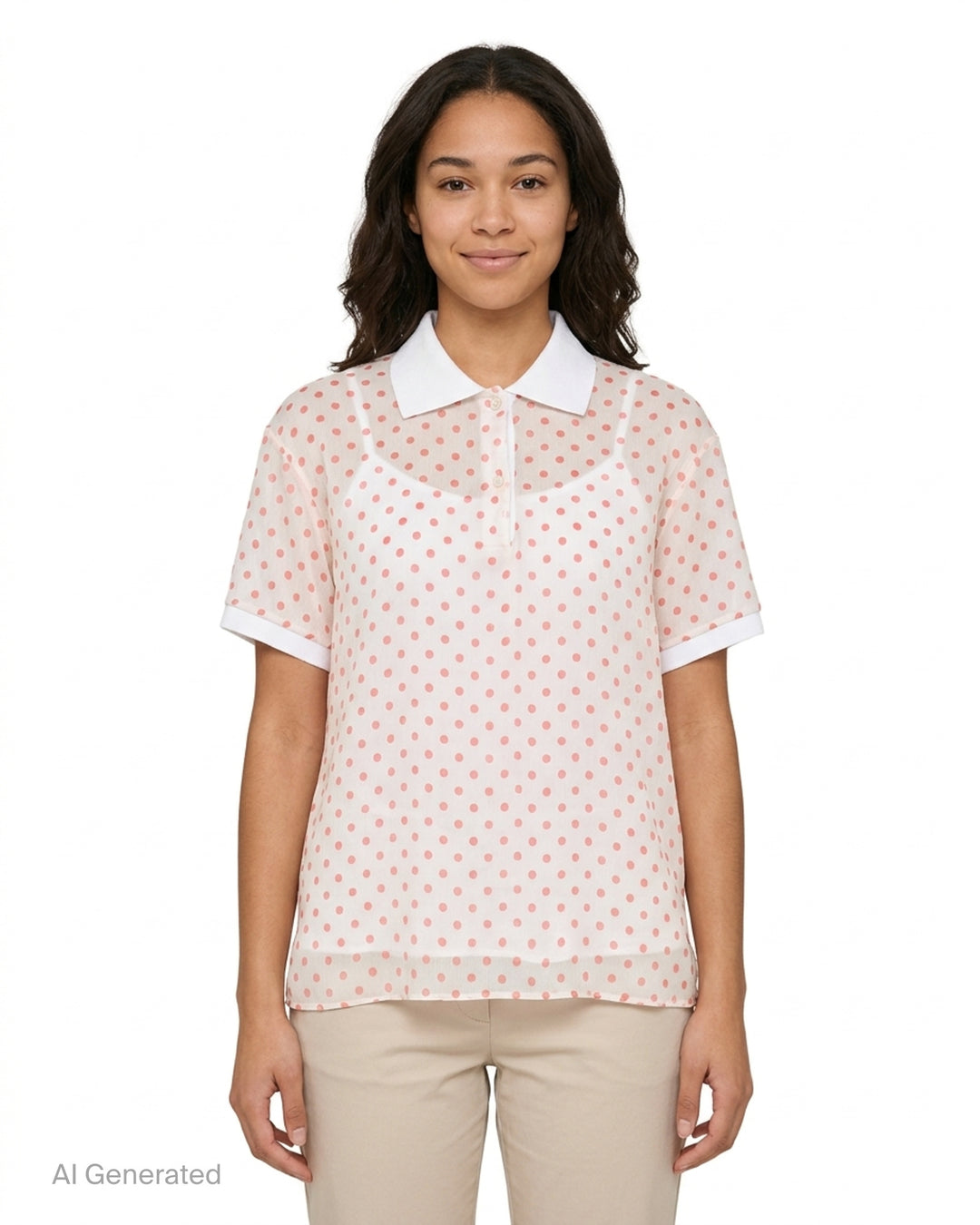 N°21 sheer polka dot polo shirt with white collar and cuffs, shown from the front - front