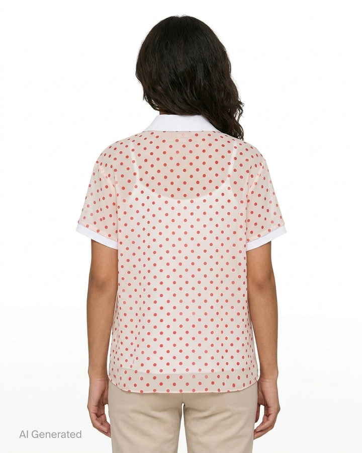 N°21 sheer polka dot polo shirt with white collar and cuffs, shown from the front - back