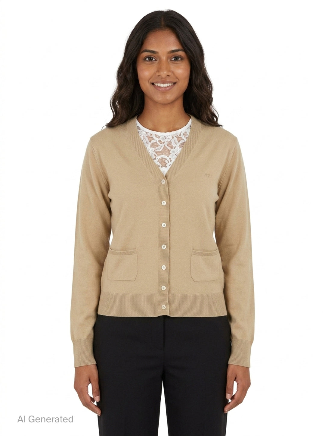 N°21 fine knit camel V-neck cardigan with pearlescent button placket, tonal logo embroidery on the chest, ribbed cuffs and hem, and two hip patch pockets, shown flat against a white background
