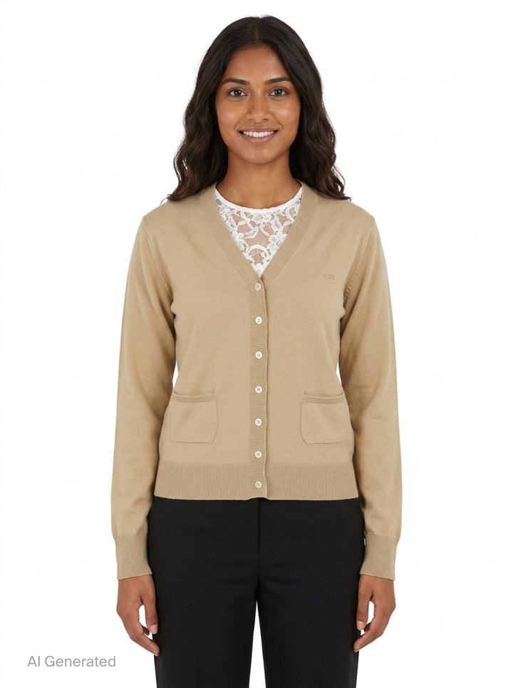 N°21 fine knit camel V-neck cardigan with pearlescent button placket, tonal logo embroidery on the chest, ribbed cuffs and hem, and two hip patch pockets, shown flat against a white background