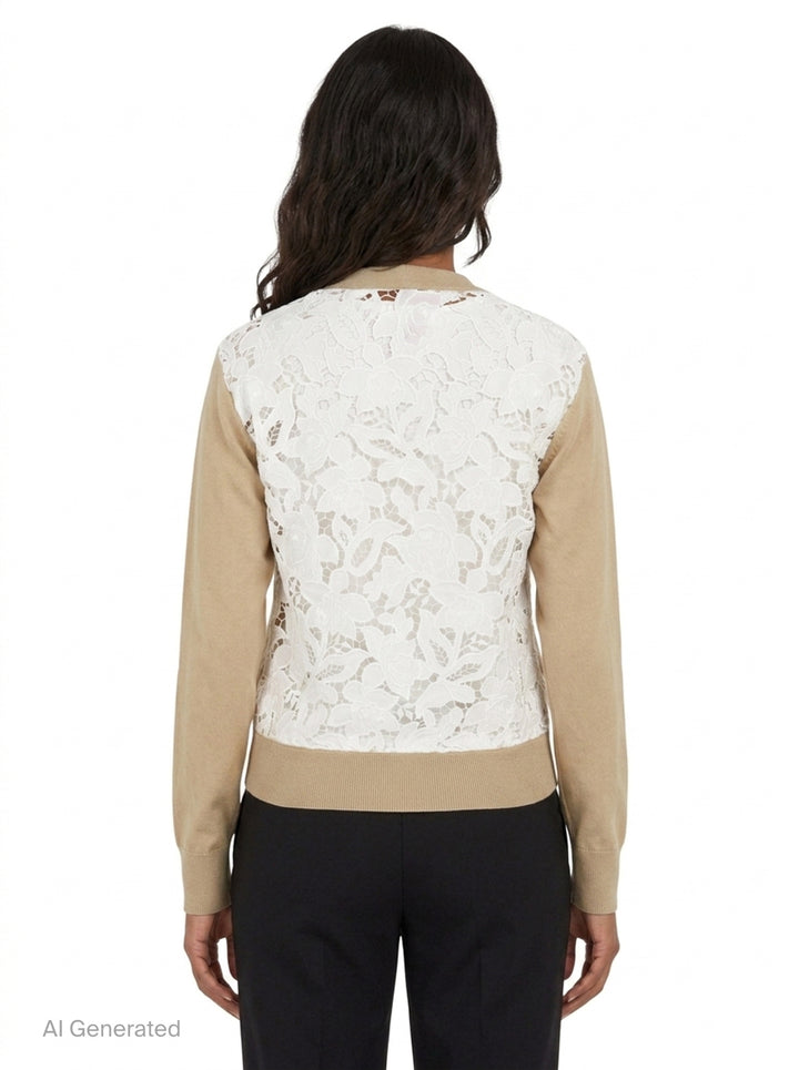 N°21 fine knit camel V-neck cardigan with pearlescent button placket, tonal logo embroidery on the chest, ribbed cuffs and hem, and two hip patch pockets, shown flat against a white background