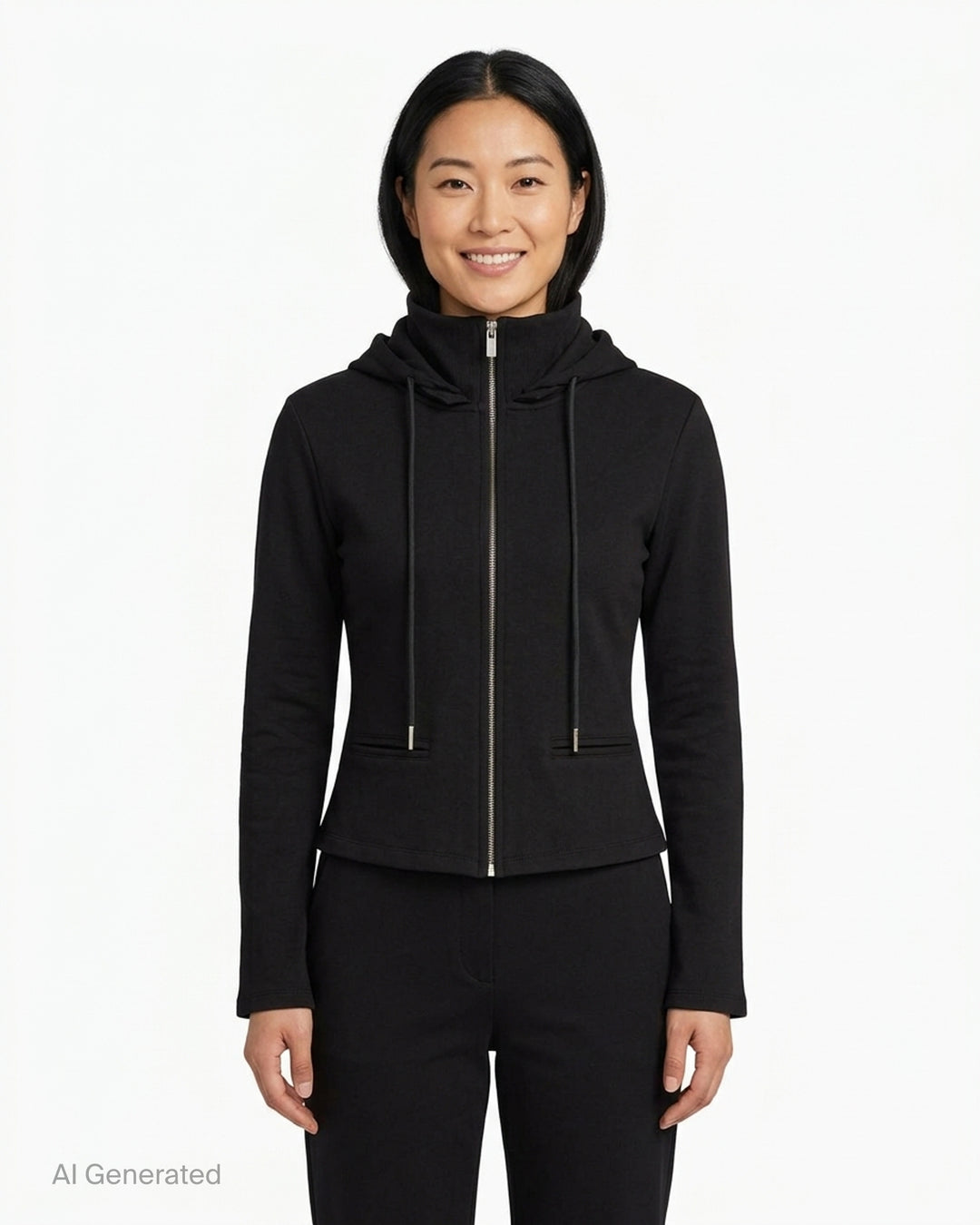 Nache black fitted zip-up hoodie with layered hood, ribbed funnel collar, drawstrings and welt waist pockets - front