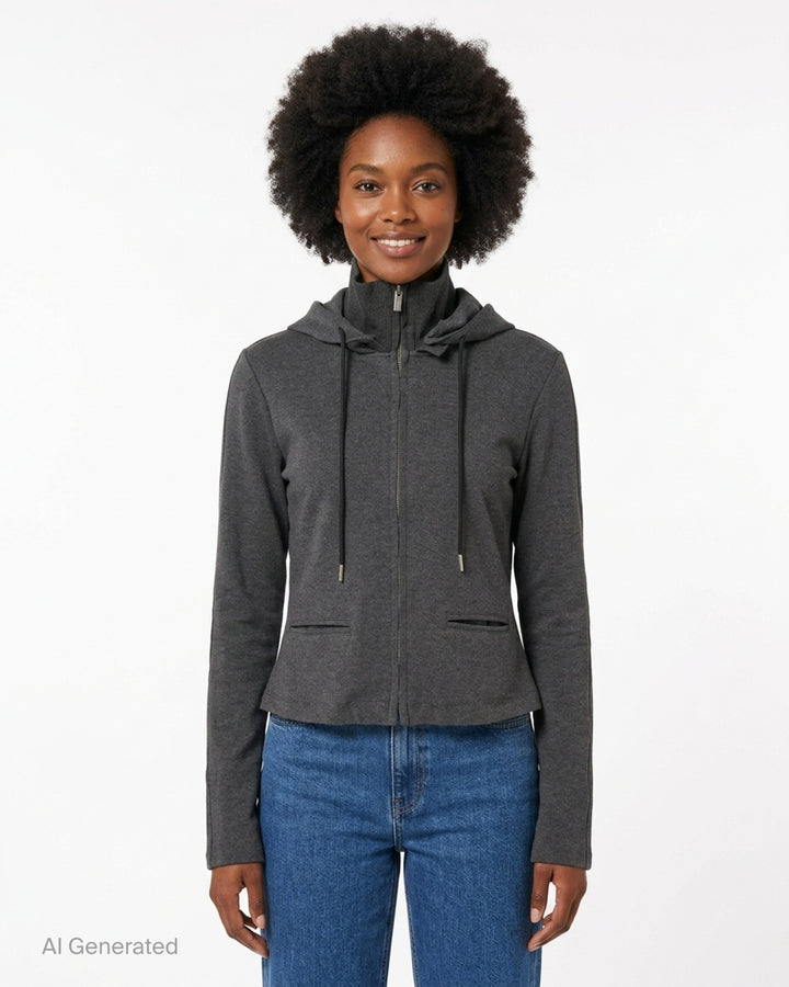 Heather charcoal grey zip-up hoodie with detachable hood, ribbed funnel collar, black drawcords and slit waist pockets - front