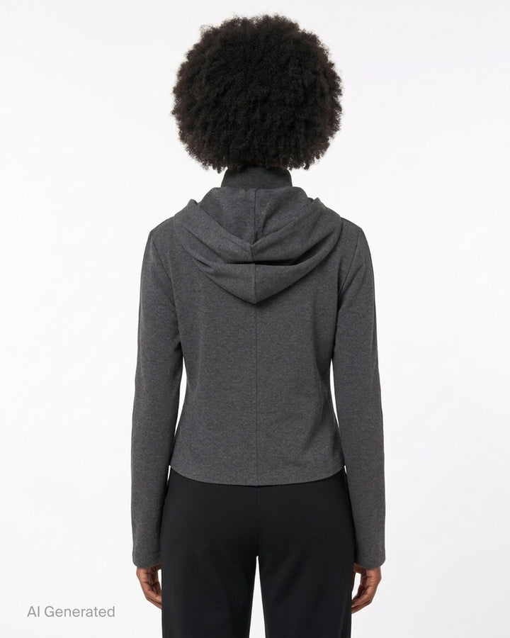 Heather charcoal grey zip-up hoodie with detachable hood, ribbed funnel collar, black drawcords and slit waist pockets - back
