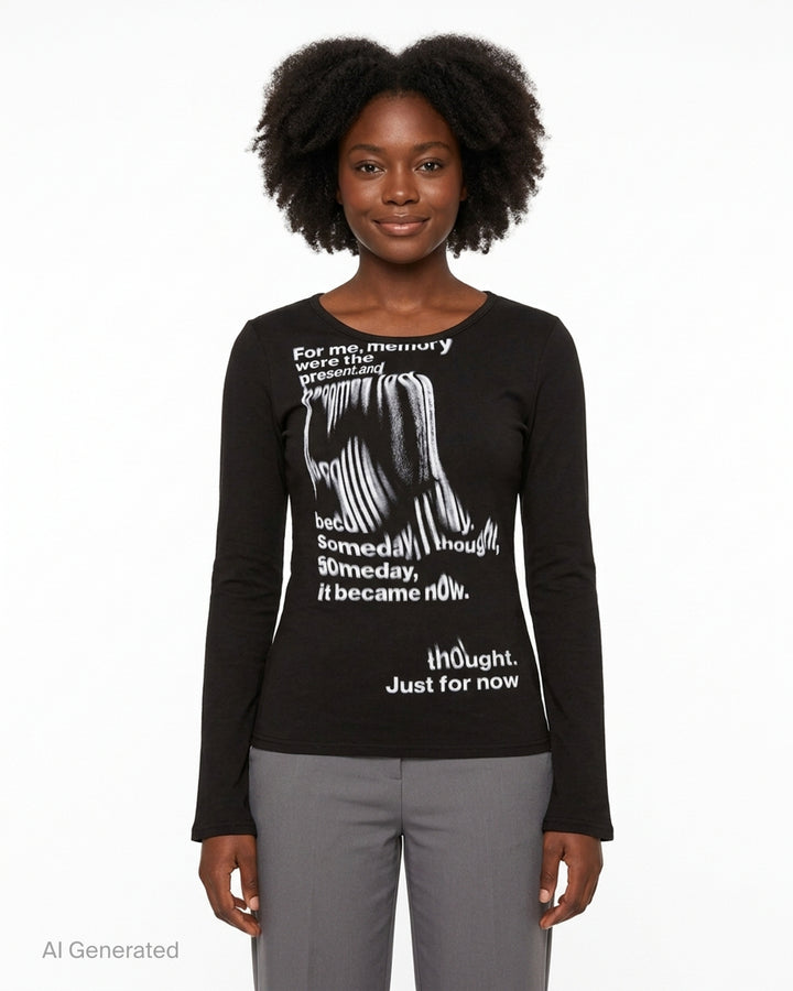 Black Nache slim fit long sleeve top with scoop neckline, flared cuffs and a distorted white typographic graphic reading 'For me, memory were the present' - front