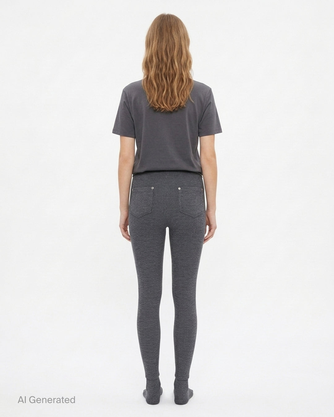 Nache charcoal ribbed knit sock pants with high waist, single button closure and integrated footed hem, shown front view - back