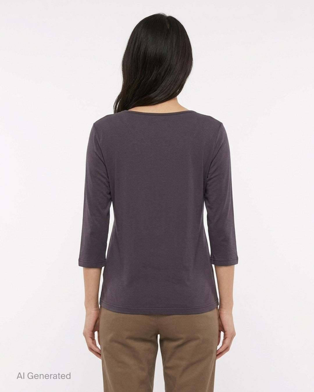 Nache charcoal layered henley neck long sleeve knit top with taupe contrast trim and button placket - back