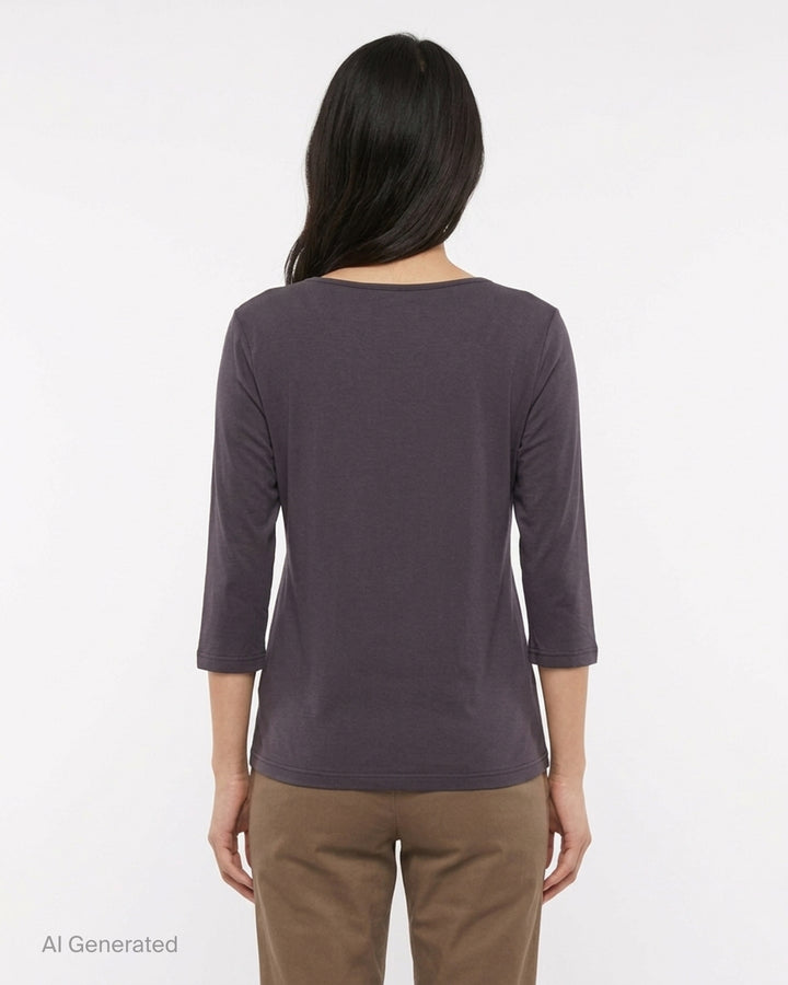 Nache charcoal layered henley neck long sleeve knit top with taupe contrast trim and button placket - back